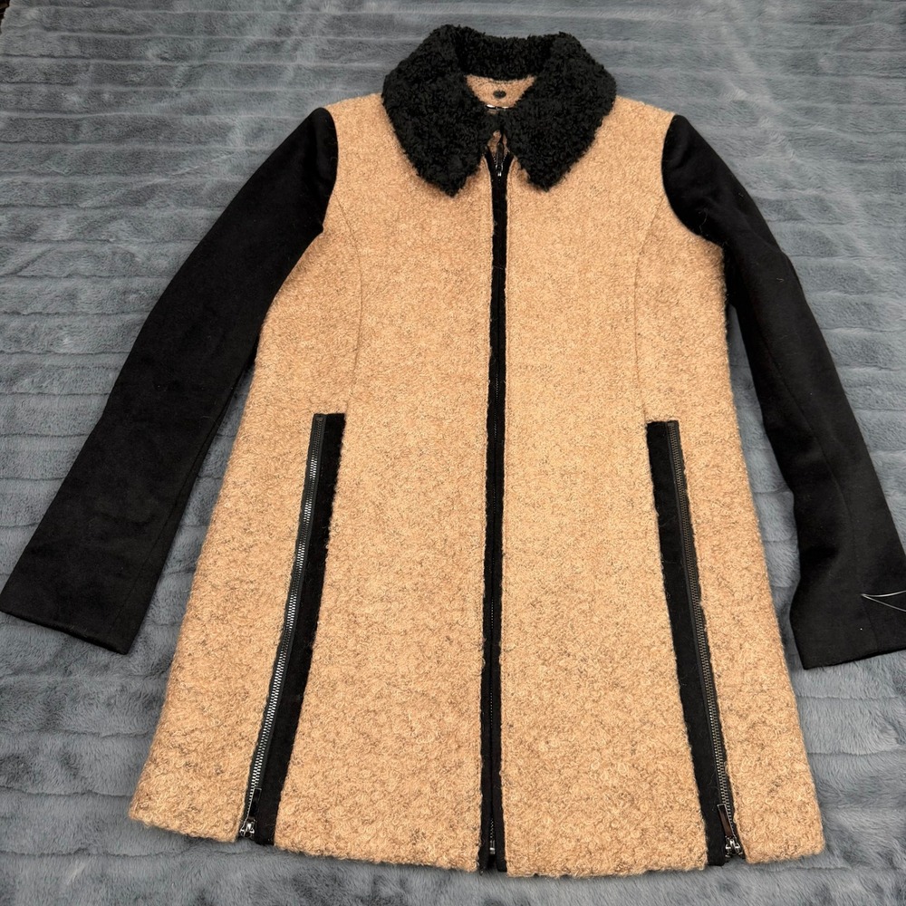 Laundry by Shelli Segal Wool Blend Boucle Faux Fur Collar Coat Beige Black S